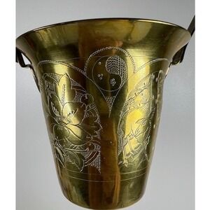Vintage Hand Etched Brass Bucket with Handle Floral Bird Fruit Design 4 inch